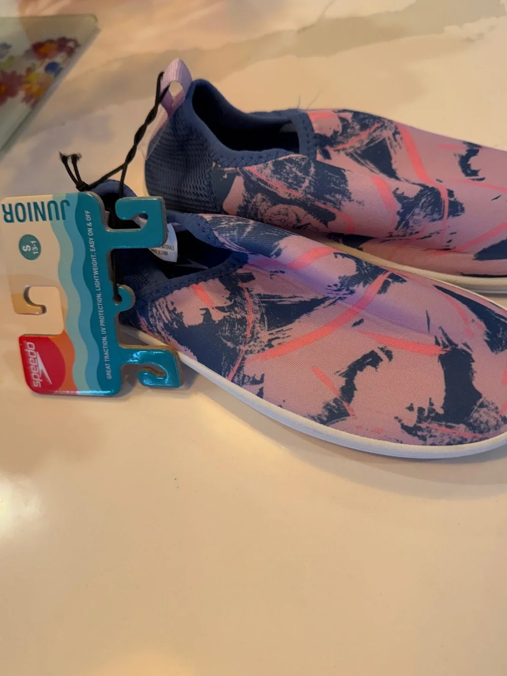 NWT Speedo Kids Water Shoes — Pink & Navy Abstract Slip-Ons 13/1